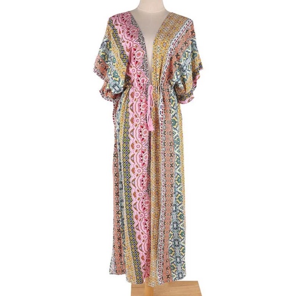 Boho Gypsy Color Block Pink Kimono Cover Up Beach - Picture 7 of 7